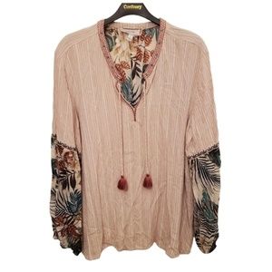 Johnny Was Workshop Large Cotton Linen Blend Multi Pattern Tassle Blouse Top